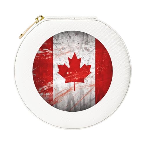 JTKREZ Retro-Schmuckschatulle mit Kanada-Flagge, bedrucktes Leder, weiß, rund, Schmuck-Organizer für Ohrringe, Ringe, Halsketten, Armbänder von JTKREZ