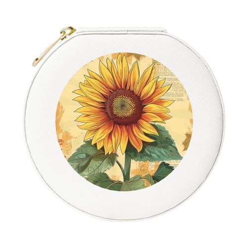 JTKREZ Retro-Schmuckschatulle mit Sonnenblumen-Motiv, weiß, rund, Schmuck-Organizer für Ohrringe, Ringe, Halsketten, Armbänder von JTKREZ