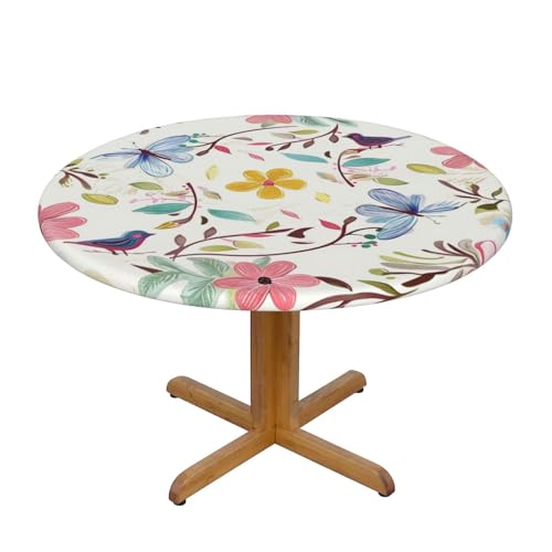 JTKREZ Romantische, ausgefallene Tischdecke, Motiv: Blumen und Vögel, Schmetterling, rund, 137 cm, waschbar, dekorative Tischdecke, elastischer Rand, Tischdecke für drinnen und draußen von JTKREZ