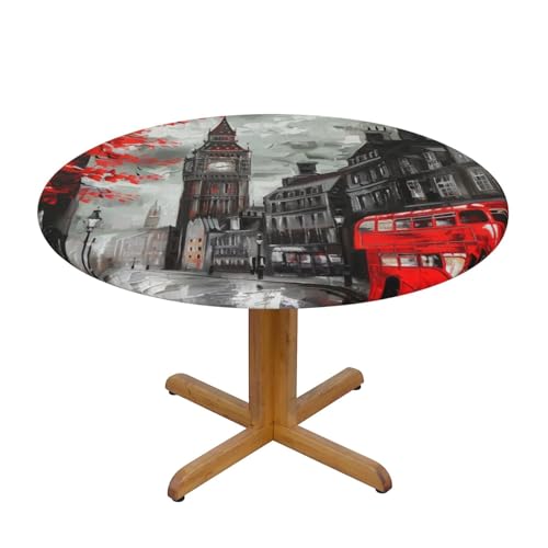 JTKREZ Rote Londoner Tischdecke mit Straßendruck, rund, waschbar, dekorative Tischdecke, elastischer Rand, Tischdecke für drinnen und draußen, 122 cm von JTKREZ