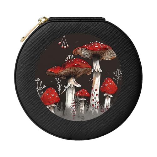 JTKREZ Rote Pilze 1 bedruckte Leder-Schmuckschatulle, schwarz, rund, Schmuck-Organizer für Ohrringe, Ringe, Halsketten, Armbänder von JTKREZ