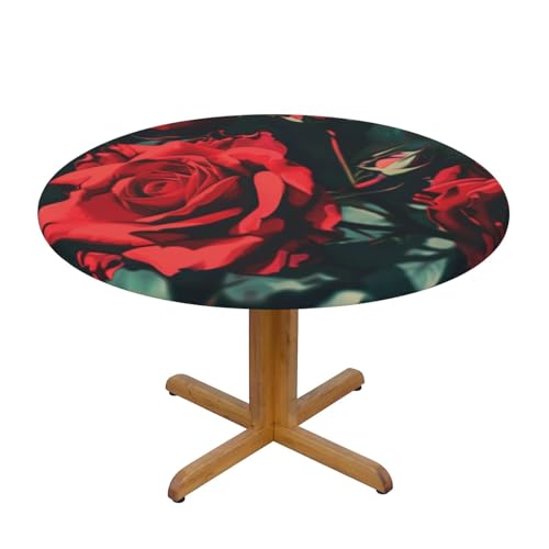 JTKREZ Rote Tischdecke mit Rosenmuster, rund, waschbar, dekorative Tischdecke, elastischer Rand, Tischdecke für drinnen und draußen, 122 cm JTKREZ Rote Tischdecke mit Rosenmuster, rund, waschbar, dekorative Tischdecke, elastischer Rand, Tischdecke für drinnen und draußen, 122 cm von JTKREZ