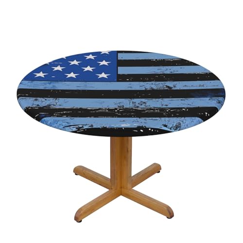 JTKREZ Runde Tischdecke, Retro-Design, blaue dünne Linie, USA-Flagge, bedruckt, 137 cm, waschbar, dekorative Tischdecke, elastischer Rand, Tischdecke für drinnen und draußen JTKREZ Runde Tischdecke, Retro-Design, blaue dünne Linie, USA-Flagge, bedruckt, 137 cm, waschbar, dekorative Tischdecke, elastischer Rand, Tischdecke für drinnen und draußen von JTKREZ