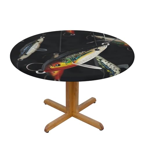 JTKREZ Runde Tischdecke mit Fischködermotiv, waschbar, dekorative Tischdecke, elastischer Rand, Tischdecke für drinnen und draußen, 137 cm von JTKREZ