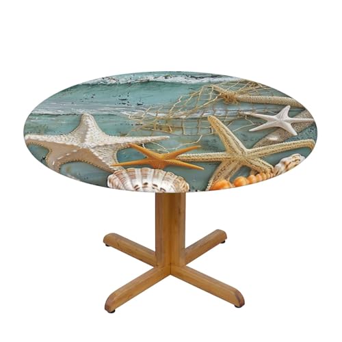 JTKREZ Runde Tischdecke mit Muschelmotiv, bedruckt, 122 cm, waschbar, dekorative Tischdecke, elastischer Rand, Tischdecke für drinnen und draußen von JTKREZ