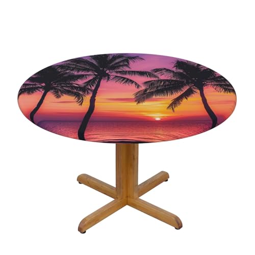 JTKREZ Runde Tischdecke mit Palmen-Silhouette bei Sonnenuntergang, bedruckt, waschbar, dekorative Tischdecke, elastischer Rand, Tischdecke für drinnen und draußen, 122 cm von JTKREZ