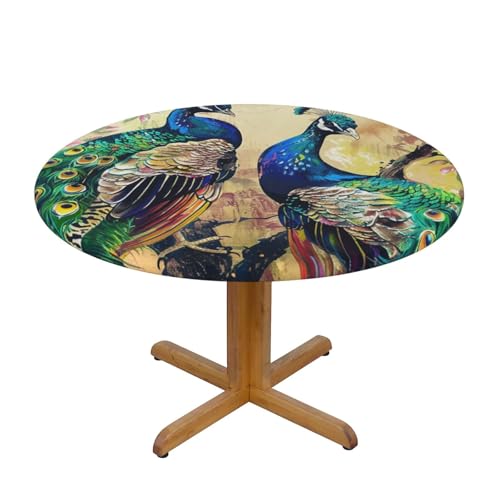 JTKREZ Runde Tischdecke mit Pfauenmotiv, waschbar, dekorative Tischdecke, elastischer Rand, Tischdecke für drinnen und draußen, 122 cm von JTKREZ