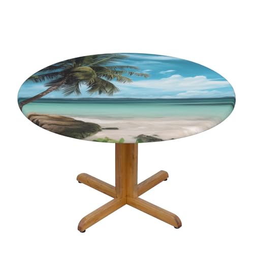 JTKREZ Runde Tischdecke mit Strandpalmen-Druck, 137 cm, waschbar, dekorative Tischdecke, elastischer Rand, Tischdecke für drinnen und draußen von JTKREZ