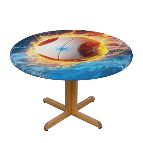 JTKREZ Runde Tischdecke mit Volleyball mit Feuer und Eis, bedruckt, 122 cm, waschbar, dekorative Tischdecke, elastischer Rand, Tischdecke für drinnen und draußen von JTKREZ