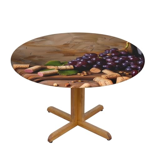 JTKREZ Runde Tischdecke mit Weinflaschenkorken und Trauben, bedruckt, 137 cm, waschbar, dekorative Tischdecke, elastischer Rand, Tischdecke für drinnen und draußen von JTKREZ
