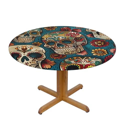 JTKREZ Runde Tischdecke mit Zuckerschädel-Druck, waschbar, dekorative Tischdecke, elastischer Rand, Tischdecke für drinnen und draußen, 122 cm von JTKREZ