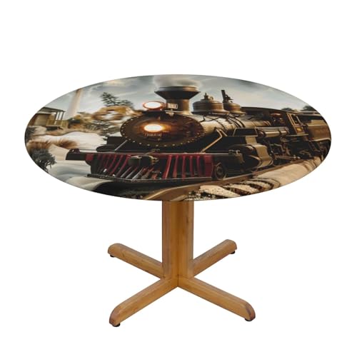 JTKREZ Runde Tischdecke mit Zug und Eisenbahn, waschbar, dekorative Tischdecke, elastischer Rand, Tischdecke für drinnen und draußen, 122 cm von JTKREZ