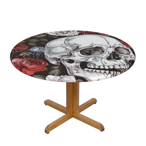 JTKREZ Runde Tischdecke mit floralem Totenkopf-Druck, waschbar, dekorative Tischdecke, elastischer Rand, Tischdecke für drinnen und draußen, 122 cm von JTKREZ