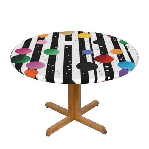 JTKREZ Runde Tischdecke mit glitzernden Regenbogen-Punkten, schwarz-weiß bedruckt, 137 cm, waschbar, dekorative Tischdecke, elastischer Rand, Tischdecke für drinnen und draußen von JTKREZ