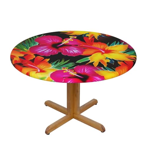 JTKREZ Runde Tischdecke mit hawaiianischem Blumendruck, 137 cm, waschbar, dekorative Tischdecke, elastischer Rand, Tischdecke für drinnen und draußen von JTKREZ