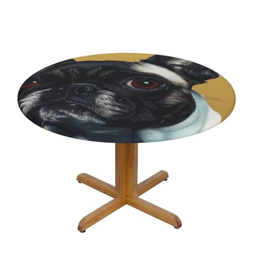 JTKREZ Runde Tischdecke mit niedlichem Mops-Druck, waschbar, dekorative Tischdecke, elastischer Rand, Tischdecke für drinnen und draußen, 137 cm von JTKREZ