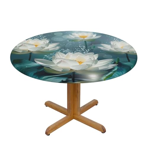 JTKREZ Runde Tischdecke mit weißen Blumen bedruckt, 137 cm, waschbar, dekorative Tischdecke, elastischer Rand, Tischdecke für drinnen und draußen von JTKREZ