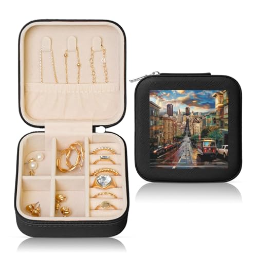 JTKREZ San Francisco Schmuckschatulle aus Leder, bedruckt, quadratisch, für Ohrringe, Ringe, Halsketten, Armbänder von JTKREZ