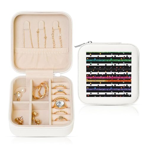 JTKREZ Schmuckkästchen aus Leder mit Glitzer-Regenbogen-Punkten, Schwarz und Weiß, 3 bedruckte Schmuckschatulle, quadratisch, Schmuck-Organizer für Ohrringe, Ringe, Halsketten, Armbänder von JTKREZ
