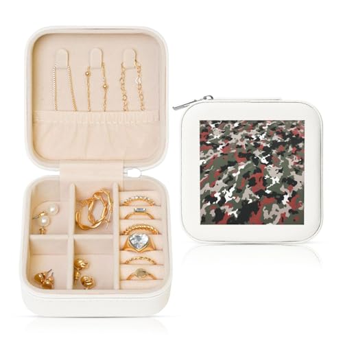 JTKREZ Schmuckschatulle aus Leder, Camouflage-Druck, quadratisch, weiß, für Ohrringe, Ringe, Halsketten, Armbänder von JTKREZ