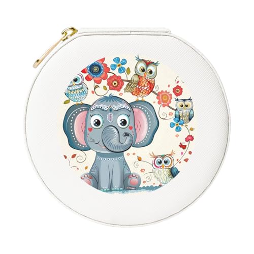 JTKREZ Schmuckschatulle aus Leder, Cartoon-Elefant und Eulen, Blumenmuster, weiß, rund, Schmuck-Organizer für Ohrringe, Ringe, Halsketten, Armbänder von JTKREZ