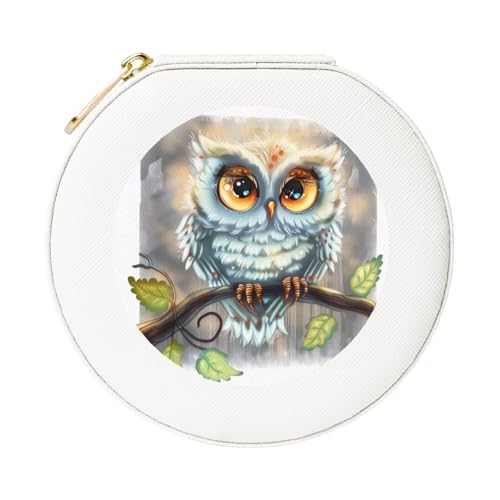 JTKREZ Schmuckschatulle aus Leder, Cartoon-Eule, weiß, rund, Schmuck-Organizer für Ohrringe, Ringe, Halsketten, Armbänder von JTKREZ