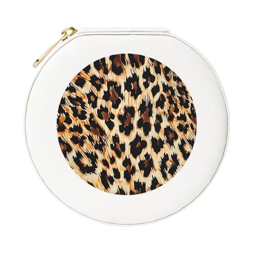 JTKREZ Schmuckschatulle aus Leder, Leopardenmuster, weiß, rund, Schmuck-Organizer für Ohrringe, Ringe, Halsketten, Armbänder von JTKREZ