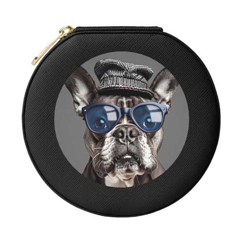 JTKREZ Schmuckschatulle aus Leder, Motiv: Französische Bulldogge, Cartoon, bedruckt, schwarz, rund, für Ohrringe, Ringe, Halsketten, Armbänder von JTKREZ