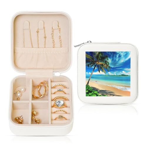 JTKREZ Schmuckschatulle aus Leder, Motiv: tropische Palme, Hawaii, Strand, bedruckt, quadratisch, weiß, für Ohrringe, Ringe, Halsketten, Armbänder von JTKREZ