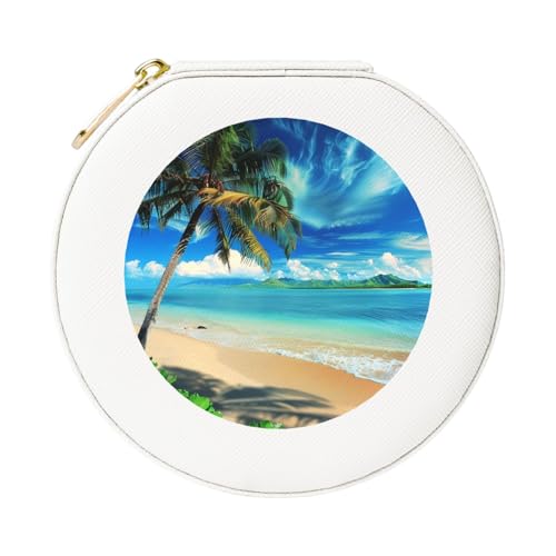 JTKREZ Schmuckschatulle aus Leder, Motiv: tropische Palme, Hawaii, Strand, bedruckt, rund, weiß, für Ohrringe, Ringe, Halsketten, Armbänder von JTKREZ