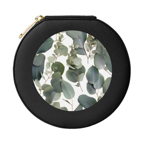JTKREZ Schmuckschatulle aus Leder, mit Eukalyptusblättern, rund, schwarz, für Ohrringe, Ringe, Halsketten, Armbänder von JTKREZ