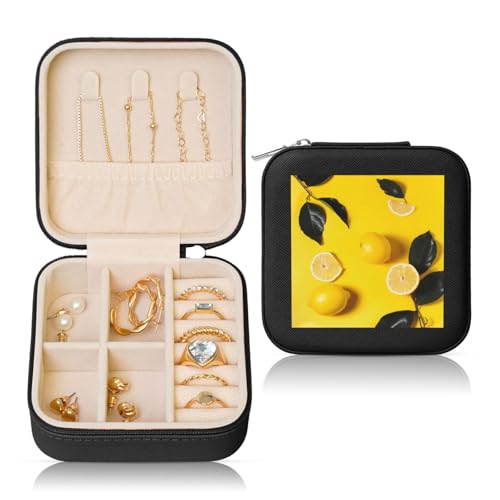 JTKREZ Schmuckschatulle aus Leder, mit gelbem Zitronenmuster, quadratisch, für Ohrringe, Ringe, Halsketten, Armbänder von JTKREZ