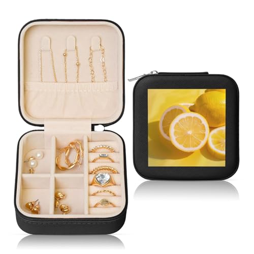 JTKREZ Schmuckschatulle aus Leder, mit gelbem Zitronenmuster, quadratisch, für Ohrringe, Ringe, Halsketten, Armbänder von JTKREZ