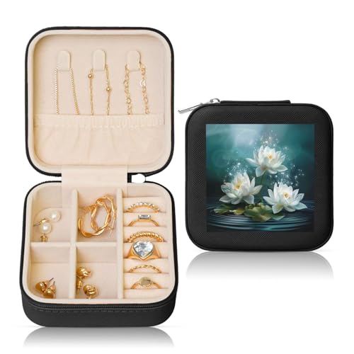 JTKREZ Schmuckschatulle aus Leder, mit weißem Blumendruck, quadratisch, für Ohrringe, Ringe, Halsketten, Armbänder von JTKREZ