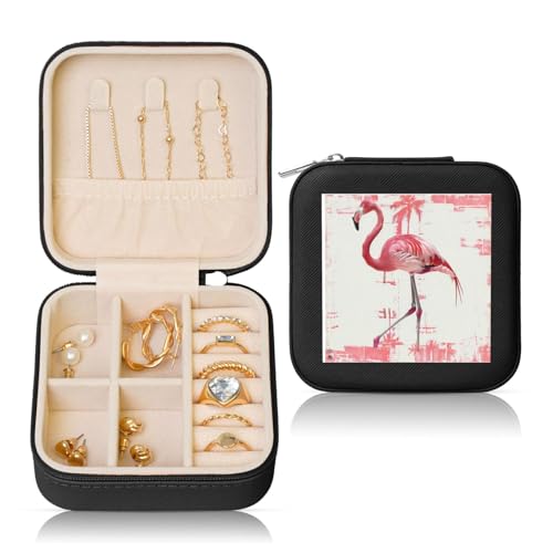 JTKREZ Schmuckschatulle aus Leder mit Flamingo-Druck, quadratisch, für Ohrringe, Ringe, Halsketten, Armbänder von JTKREZ
