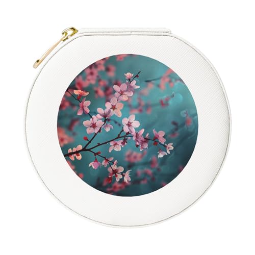 JTKREZ Schmuckschatulle aus bedrucktem Leder, japanische Kirschblumen, weiß, rund, Schmuck-Organizer für Ohrringe, Ringe, Halsketten, Armbänder von JTKREZ