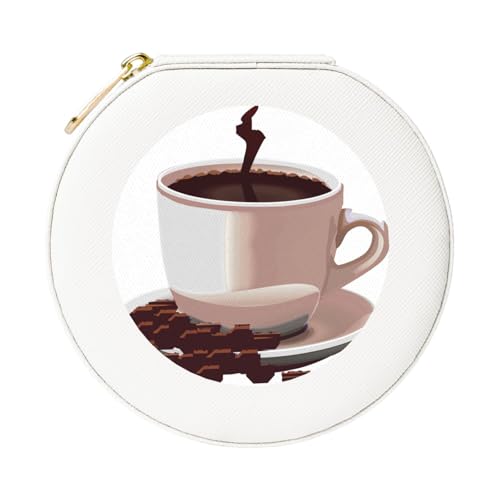 JTKREZ Schmuckschatulle mit Kaffeetasse und Kaffeebohnen, bedrucktes Leder, weiß, rund, Schmuck-Organizer für Ohrringe, Ringe, Halsketten, Armbänder von JTKREZ