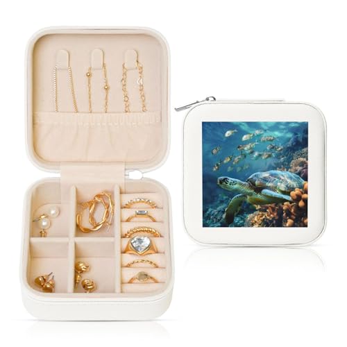 JTKREZ Schmuckschatulle mit Meeresschildkröte mit Fischen, bedrucktes Leder, quadratisch, weiß, für Ohrringe, Ringe, Halsketten, Armbänder von JTKREZ