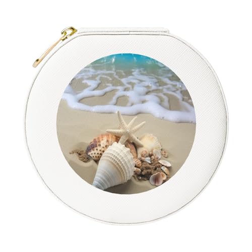JTKREZ Schmuckschatulle mit Strandmuschel-Motiv, weiß, rund, Schmuck-Organizer für Ohrringe, Ringe, Halsketten, Armbänder von JTKREZ