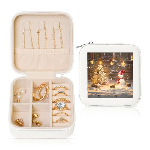 JTKREZ Schmuckschatulle mit Weihnachts- und Schneemann-Motiv, weiß, quadratisch, Schmuck-Organizer für Ohrringe, Ringe, Halsketten, Armbänder von JTKREZ
