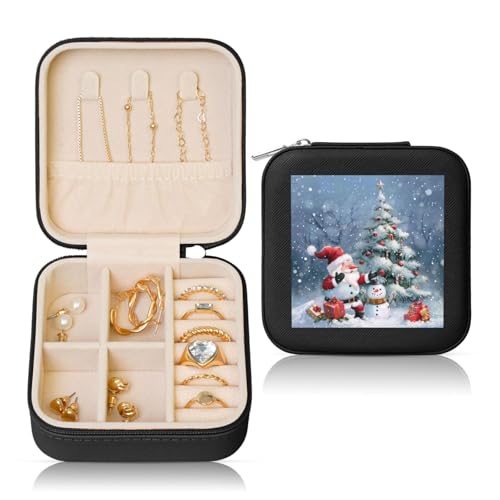 JTKREZ Schmuckschatulle mit Weihnachtsmann-Motiv, bedrucktes Leder, schwarz, quadratisch, Schmuck-Organizer für Ohrringe, Ringe, Halsketten, Armbänder von JTKREZ