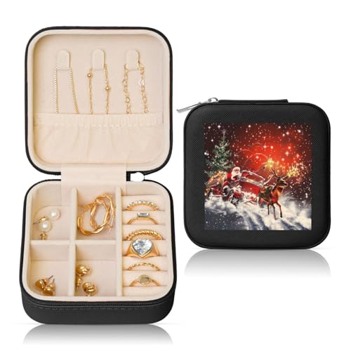 JTKREZ Schmuckschatulle mit Weihnachtsmann-Motiv, bedrucktes Leder, schwarz, quadratisch, Schmuck-Organizer für Ohrringe, Ringe, Halsketten, Armbänder von JTKREZ