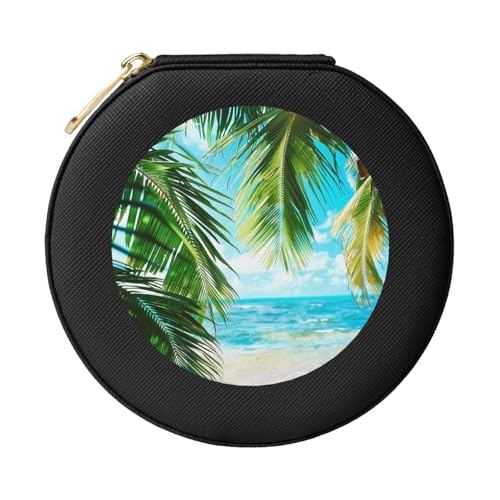 JTKREZ Schmuckschatulle mit tropischem Strandpflanzen-Motiv, bedrucktes Leder, schwarz, rund, Schmuck-Organizer für Ohrringe, Ringe, Halsketten, Armbänder von JTKREZ