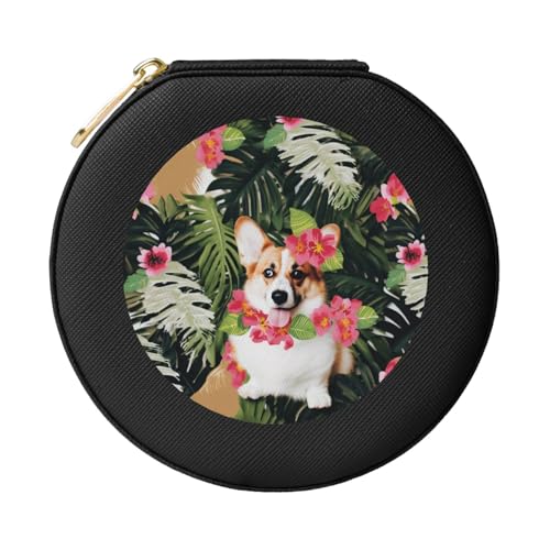 JTKREZ Schmuckschatulle mit tropischen Blumen und Corgi, 2 Stück, Leder, schwarz, rund, Schmuck-Organizer für Ohrringe, Ringe, Halsketten, Armbänder von JTKREZ