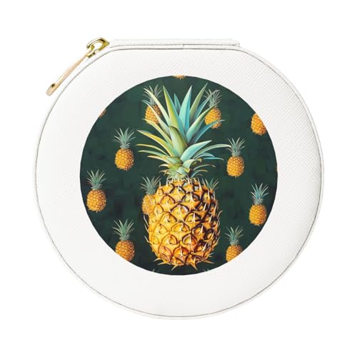 JTKREZ Schmuckschatulle mit tropischer Frucht und Ananas, bedrucktes Leder, weiß, rund, Schmuck-Organizer für Ohrringe, Ringe, Halsketten, Armbänder von JTKREZ