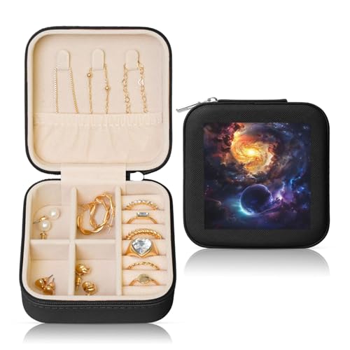 JTKREZ Schöne Schmuckschatulle aus Leder, mit Galaxie-Motiv, quadratisch, schwarz, für Ohrringe, Ringe, Halsketten, Armbänder von JTKREZ