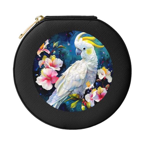 JTKREZ Schöne Schmuckschatulle aus Leder mit Kakadu-Vogel-Blumen-Motiv, schwarz, rund, Schmuck-Organizer für Ohrringe, Ringe, Halsketten, Armbänder von JTKREZ