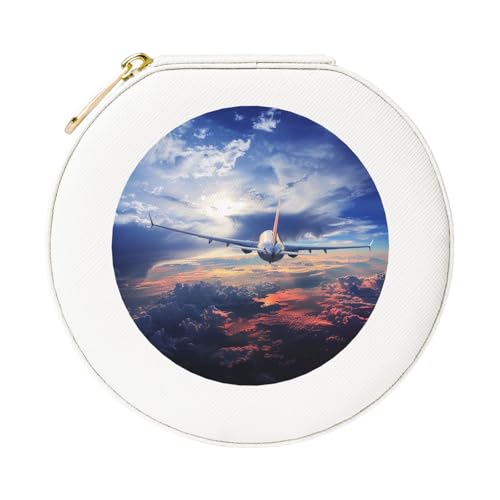 JTKREZ Schöne Schmuckschatulle mit Himmelsflugzeug-Motiv, weiß, rund, Schmuck-Organizer für Ohrringe, Ringe, Halsketten, Armbänder von JTKREZ