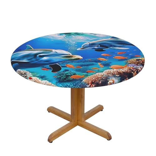 JTKREZ Schöne Unterwasserwelt Delfine Koralle bedruckte runde Tischdecke, waschbar, dekorative Tischdecke, elastischer Rand, Tischdecke für drinnen und draußen, 137 cm JTKREZ Schöne Unterwasserwelt Delfine Koralle bedruckte runde Tischdecke, waschbar, dekorative Tischdecke, elastischer Rand, Tischdecke für drinnen und draußen, 137 cm von JTKREZ
