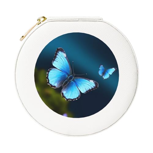 JTKREZ Schöne blaue Schmuckschatulle aus Leder, mit Schmetterlingsdruck, weiß, rund, Schmuck-Organizer für Ohrringe, Ringe, Halsketten, Armbänder von JTKREZ